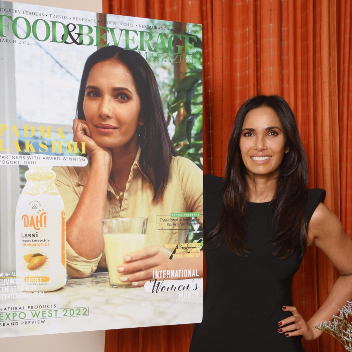Women Fitness: Padma Lakshmi on March 2022 Cover of Food & Beverage Magazine with DAH! yogurt